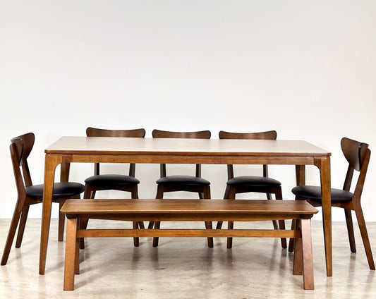 Arjuna 1.8m Dining Table with 5 Hazel Chairs in Medium Brown + 1.5m Wooden Bench