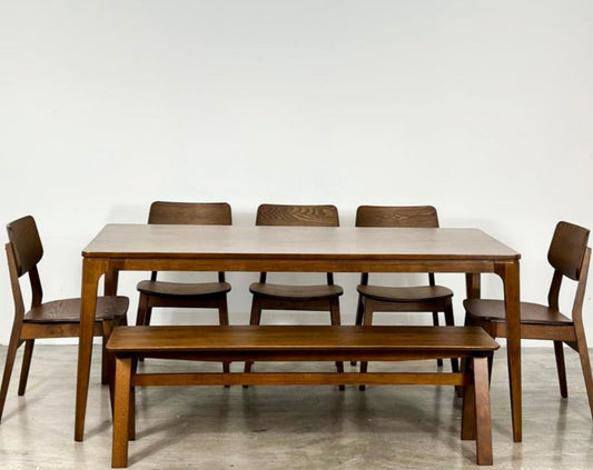 Arjuna 1.8m Dining Table with 5 Henry Chairs + 1.5m Wooden Bench