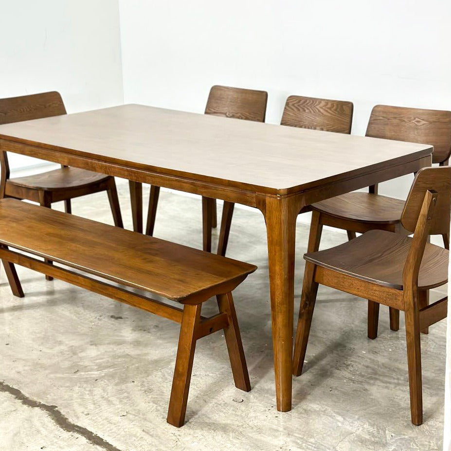 Walnut 1.8m Dining Table with 5 Henry Chairs + 1.5m Wooden Bench