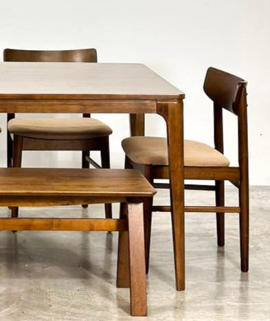 Walnut 1.8m Dining Table with Mocha Chair & Wooden Bench