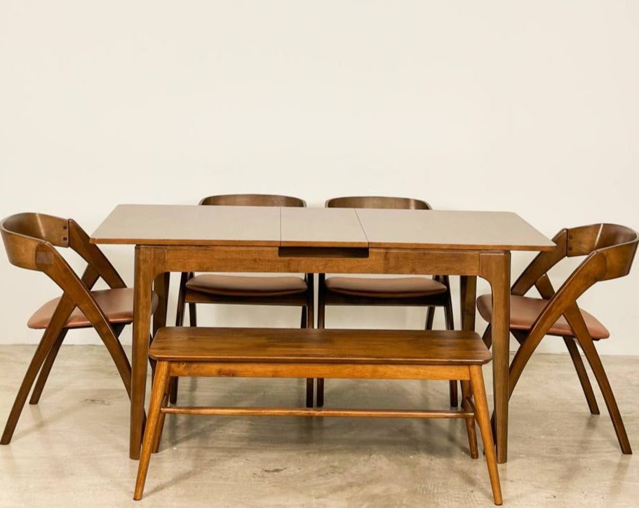 Pecan Extension 1.3m - 1.6m Dining Table with 4 Attelia Chair + 1.1m Aiko Bench