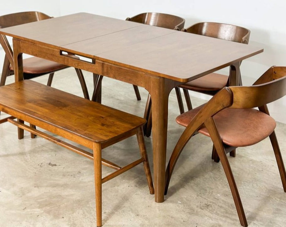 Pecan Extension 1.3m - 1.6m Dining Table with 4 Attelia Chair + 1.1m Aiko Bench