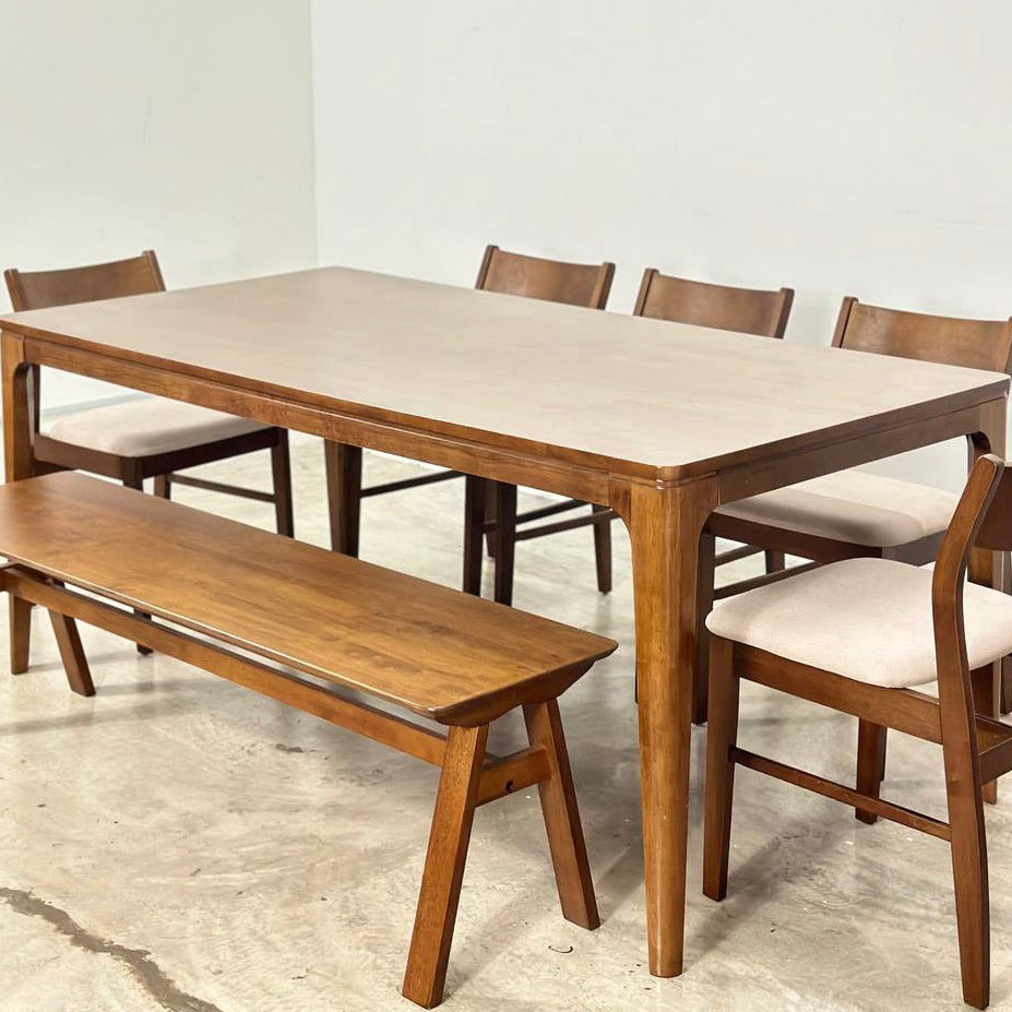 Walnut 1.8m Dining Table with 5 Terra Chairs + 1.5m Wooden Bench