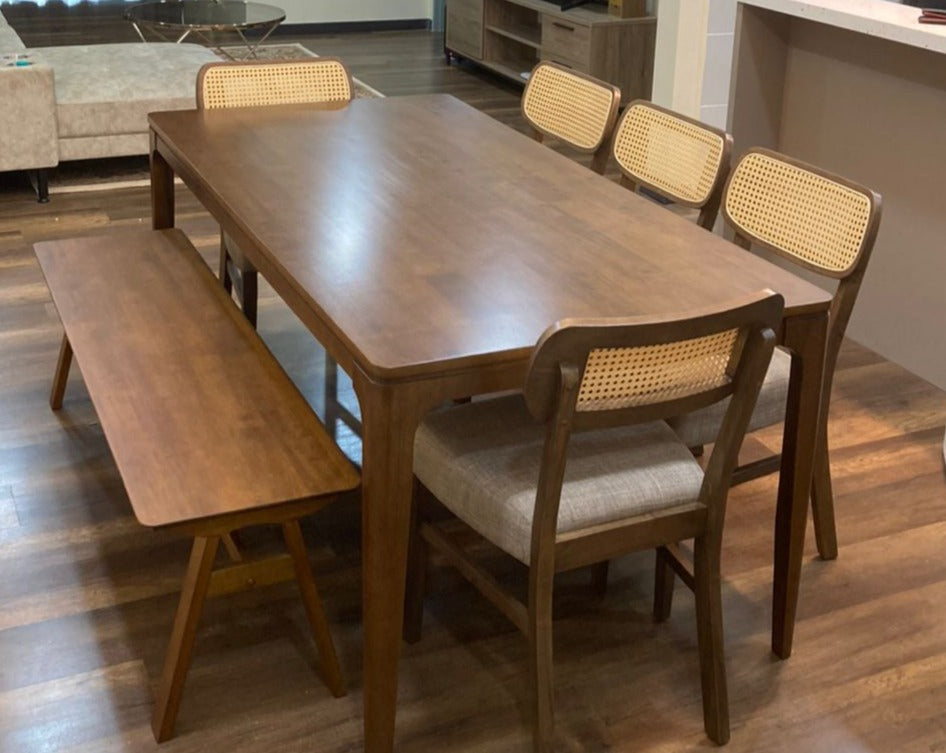Walnut 1.8m Dining Table with 5 Hailey Chairs + 1.5m Wooden Bench