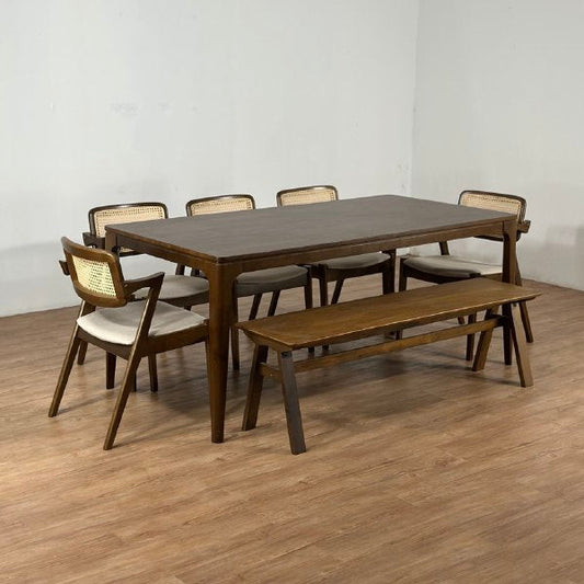 Arjuna 1.8m Dining Table with 5 Ryan Chairs + 1.5m Wooden Bench