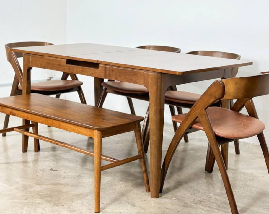 Pecan Extension 1.3m - 1.6m Dining Table with 4 Attelia Chair + 1.1m Aiko Bench