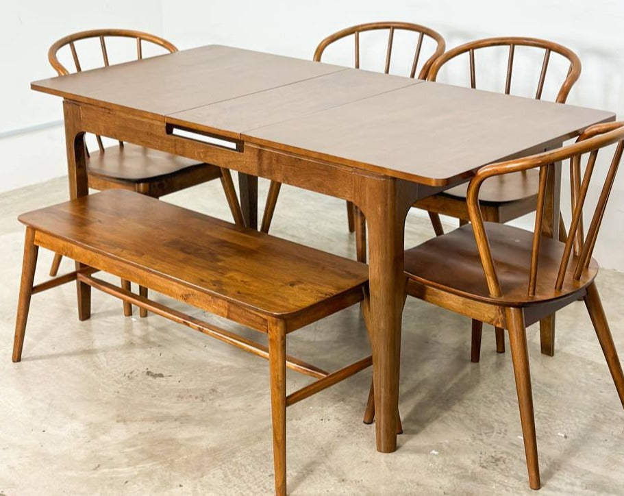 Pecan Extension 1.3m - 1.6m Dining Table with 4 Harper Chair + 1.1m Aiko Bench