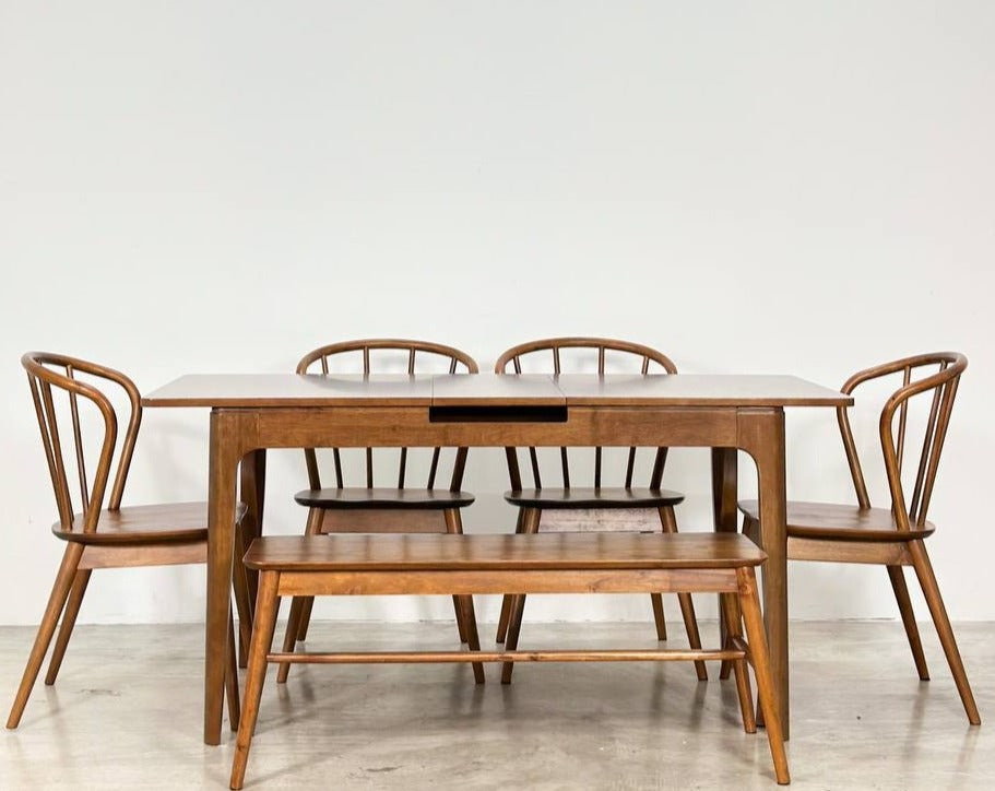 Pecan Extension 1.3m - 1.6m Dining Table with 4 Harper Chair + 1.1m Aiko Bench