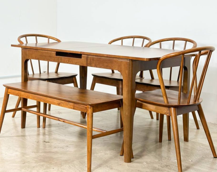 Pecan Extension 1.3m - 1.6m Dining Table with 4 Harper Chair + 1.1m Aiko Bench