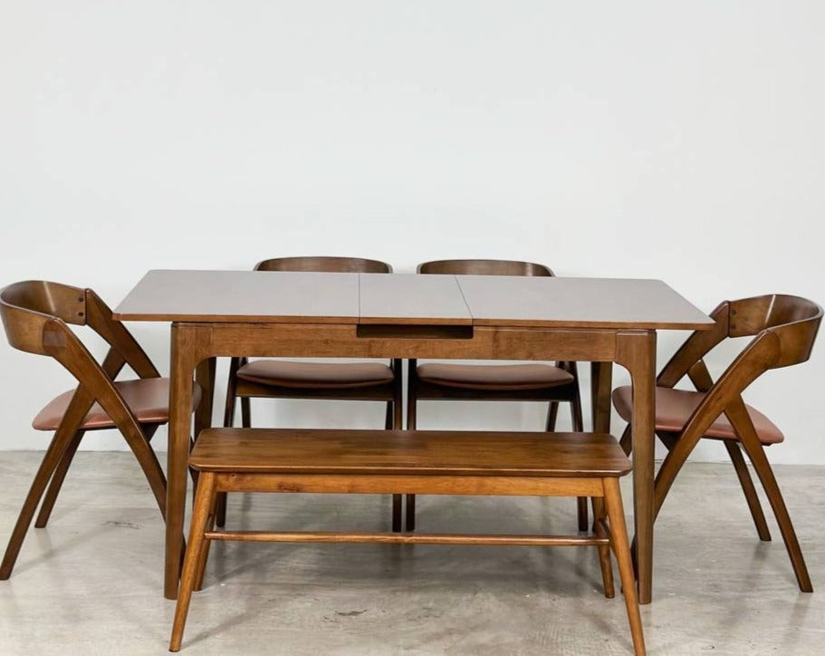 Pecan Extension 1.3m - 1.6m Dining Table with 4 Attelia Chair + 1.1m Aiko Bench