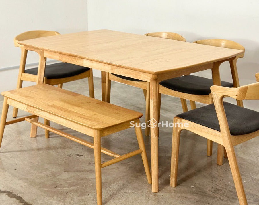 Mila Extension 1.5m - 1.8m Dining Table with 4 Zara Chairs + 1.1m Aiko Bench