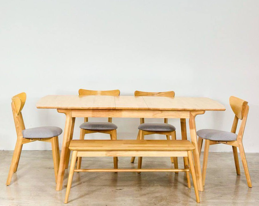 Mila Extension 1.5m - 1.8m Dining Table with 4 Hazel Chairs + 1.1m Aiko ench