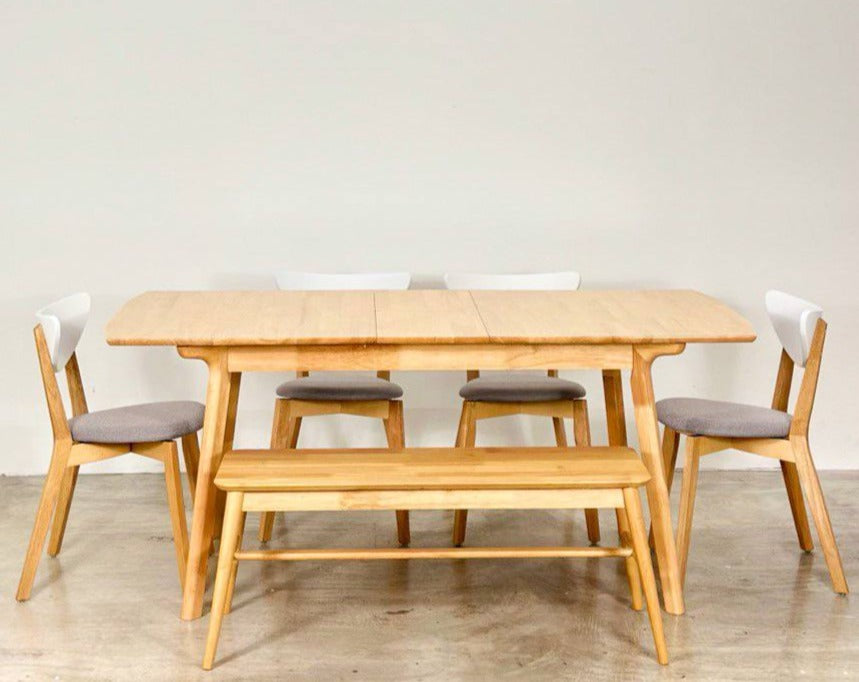 Mila Extension 1.5m - 1.8m Dining Table with 4 Hazel Chairs + 1.1m Aiko ench