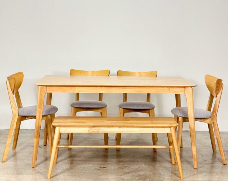 Hazelnut 1.5m Dining Table in Natural with 4 Hazel Chairs in Natural + 1.1m Aiko Bench