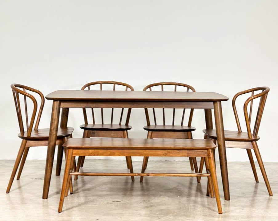 Hazelnut 1.47m Dining Table in Medium Brown with 4 Harper Chairs + 1.1m Aiko Bench