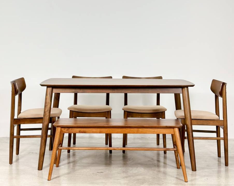 Hazelnut 1.47m Dining Table in Medium Brown with 4 Mocha Chairs + 1.1m Aiko Bench