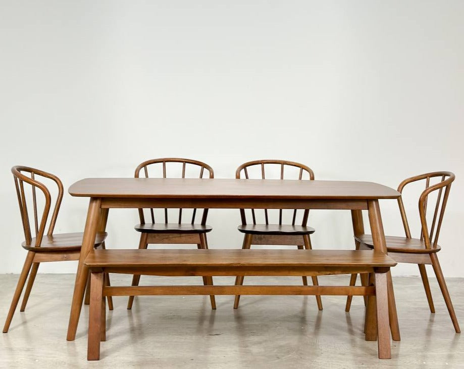 Chestnut 1.8m Dining Table in Medium Brown with 4 Harper Chairs + 1.5m Wooden Bench
