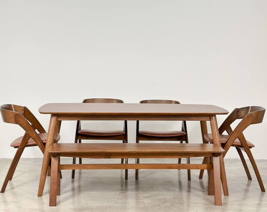 Chestnut 1.8m Dining Table in Medium Brown with 4 Attelia Chairs + 1.5m Wooden Bench