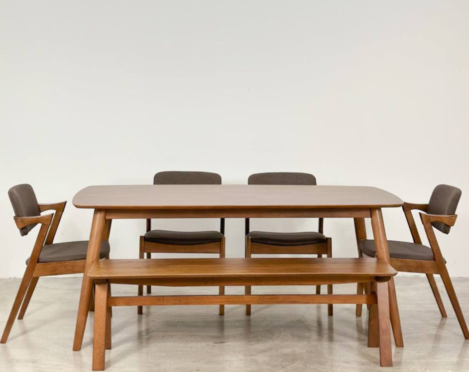 Chestnut 1.8m Dining Table in Medium Brown with 4 Zack Chairs +1.5m Wooden Bench