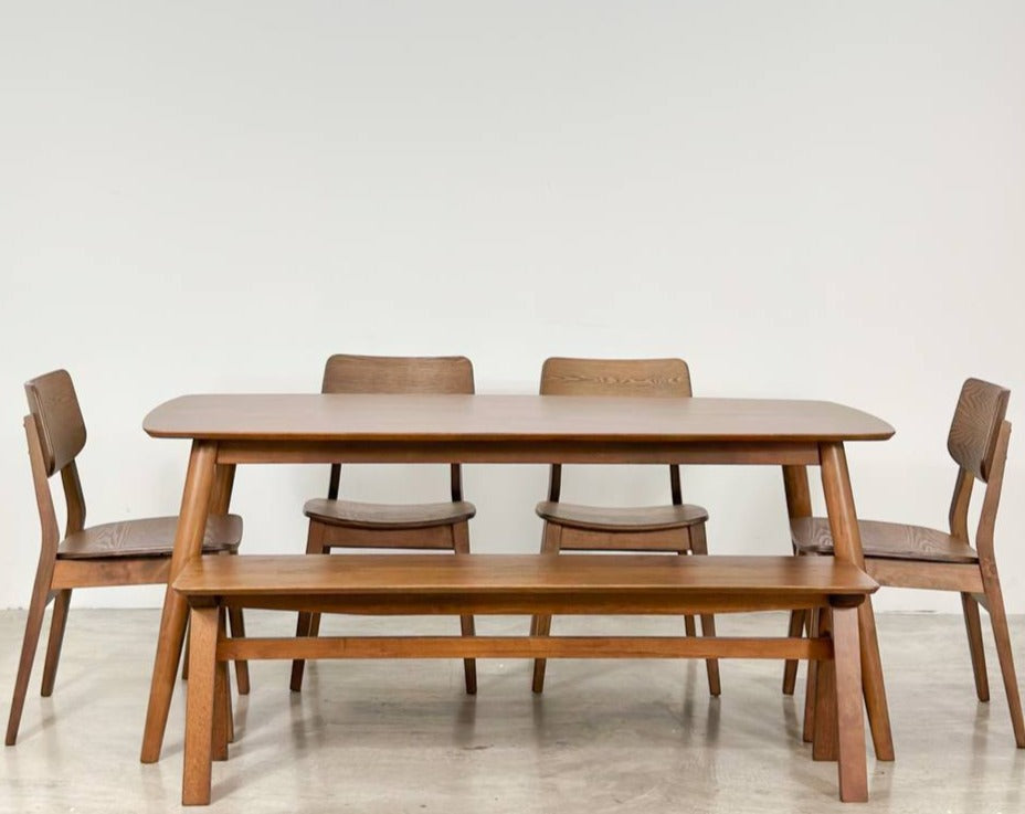 Chestnut 1.8m Dining Table in Medium Brown with 4 Henry Chairs + 1.5m Wooden Bench