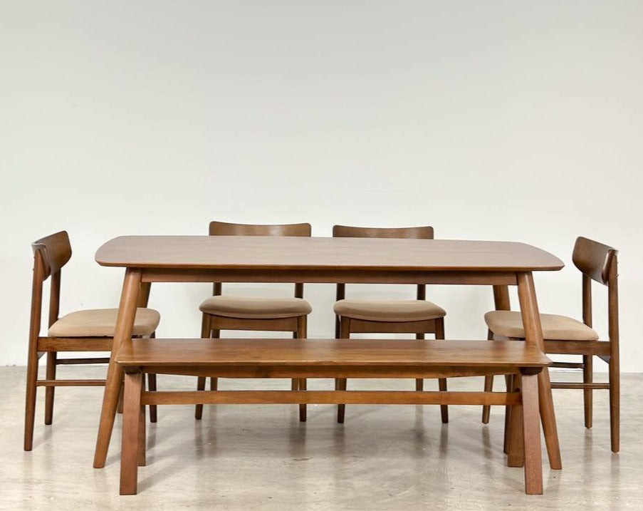Chestnut 1.8m Dining Table in Medium Brown with 4 Mocha Chairs + 1.5m Wooden Bench