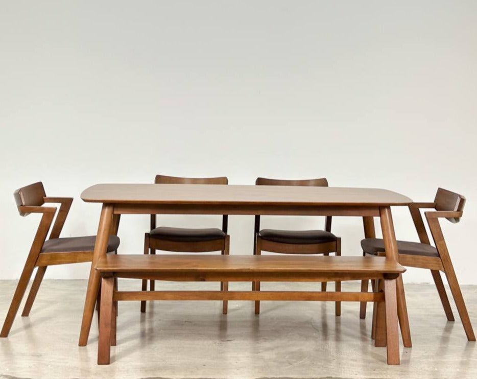 Chestnut 1.8m Dining Table in Medium Brown with 4 Zoey Chairs + 1.5m Wooden Bench