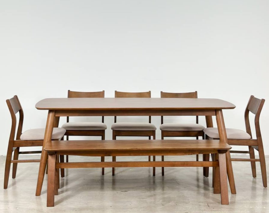 Chestnut 1.8m Dining Table in Medium Brown with 5 Terra Chairs + 1.5m Wooden Bench