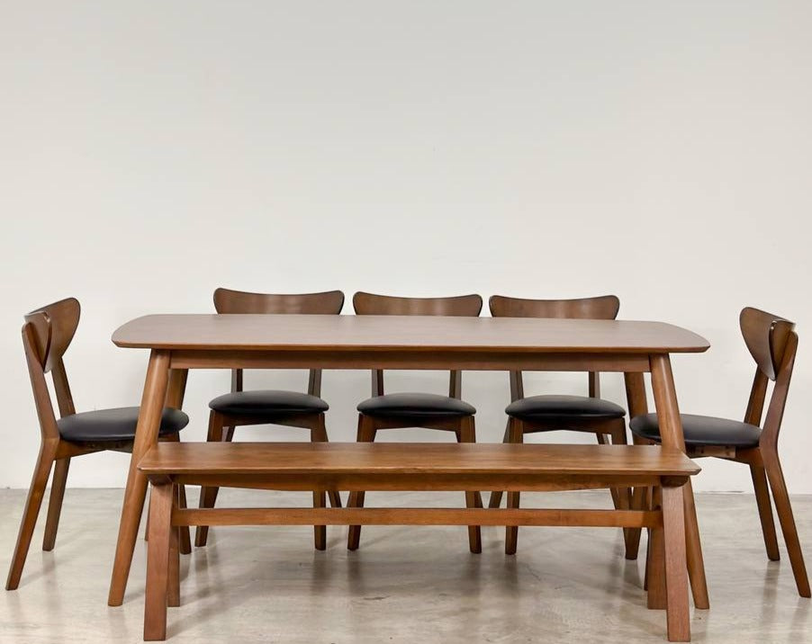 Chestnut 1.8m Dining Table in Medium Brown with 5 Hazel Chairs in Medium Brown + 1.5m Wooden Bench