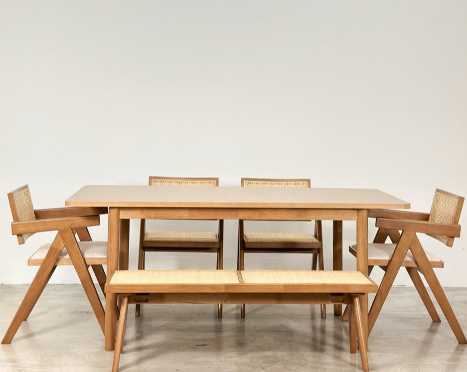 Micasa 1.8m Dining Table in Natural with 4 Eleanor Chairs + Eleanor Rattan Bench