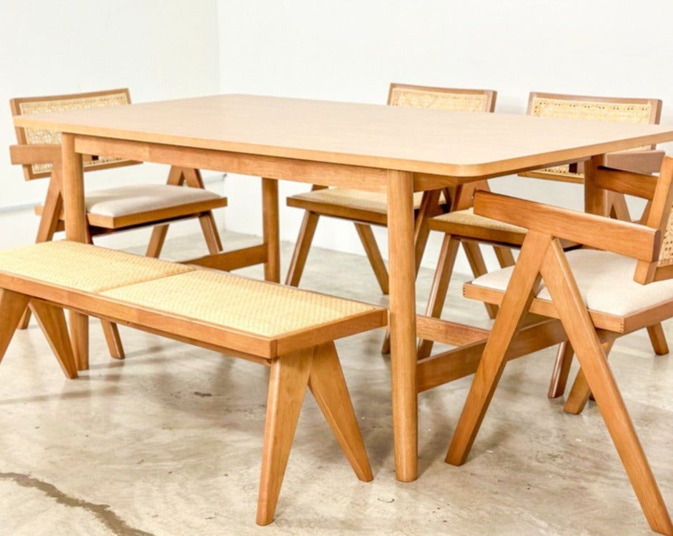 Micasa 1.8m Dining Table in Natural with 4 Eleanor Chairs + Eleanor Rattan Bench