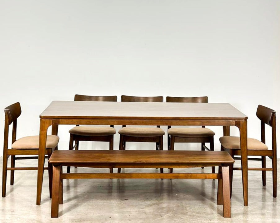 Walnut 1.8m Dining Table with 5 Mocha Chairs + 1.5m Wooden Bench