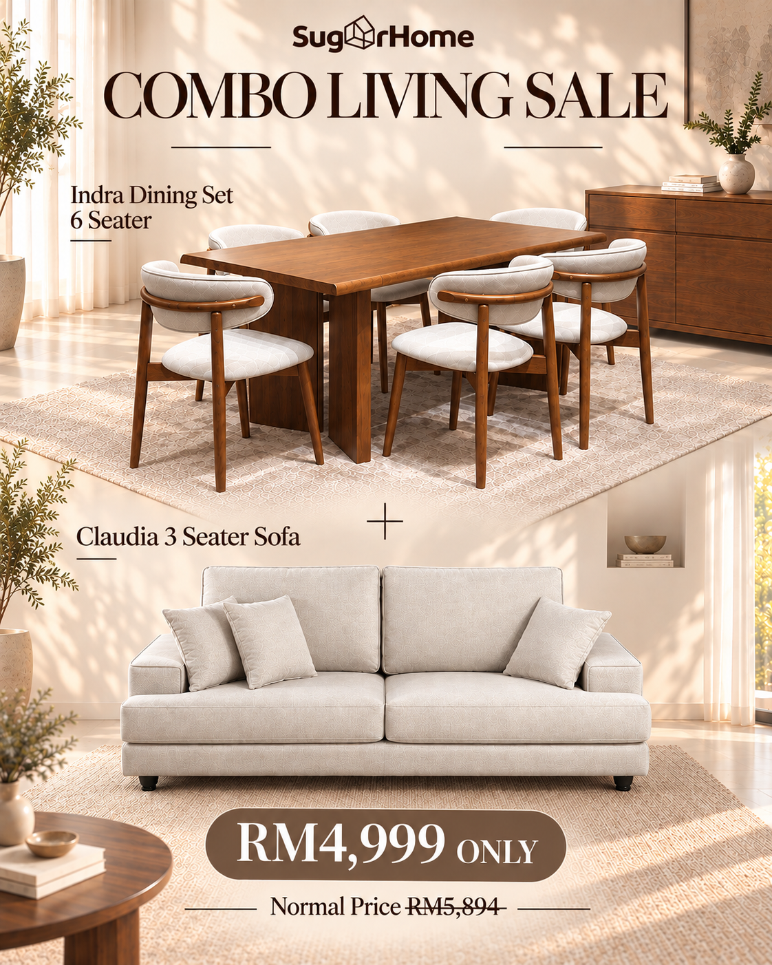 Combo Living Sale – Indra Dining Set & Claudia 3-Seater Sofa