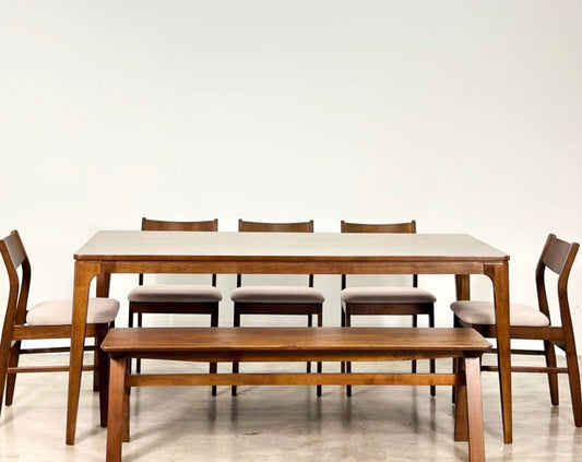 Walnut 1.8m Dining Table with 5 Terra Chairs + 1.5m Wooden Bench