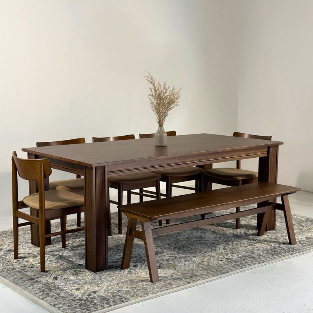 Kingsley 2.1m Dining Table with Mocha Chairs & Wooden Bench