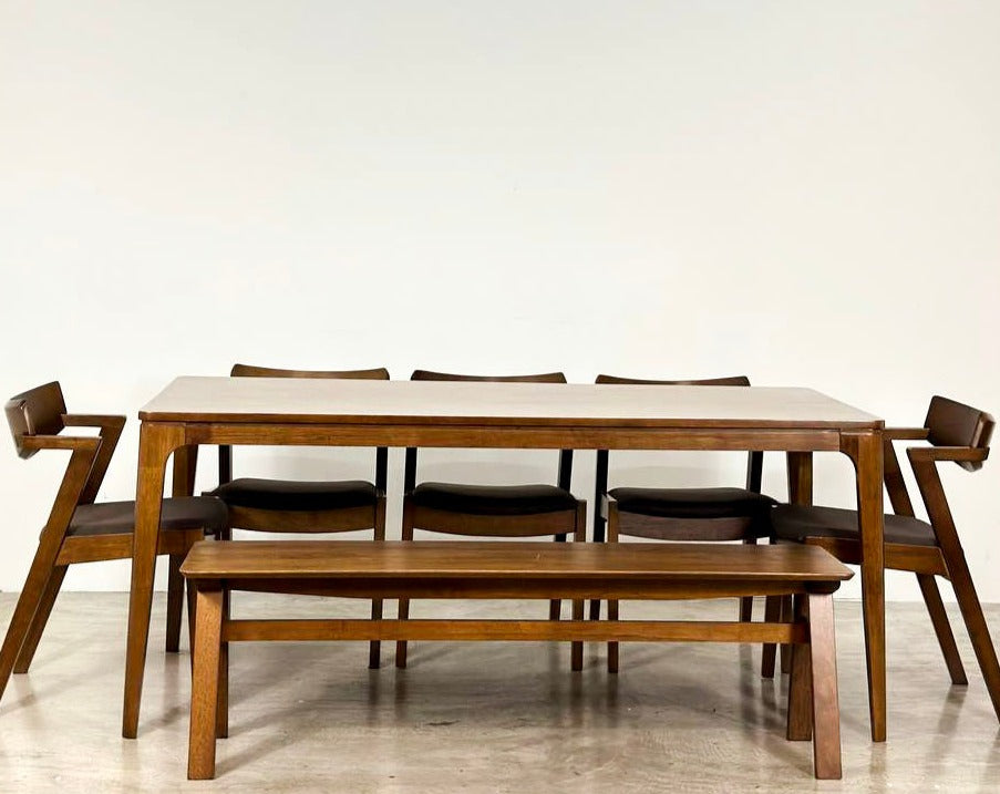 Walnut 1.8m Dining Table with 5 Zoey Chairs + 1.5m Wooden Bench