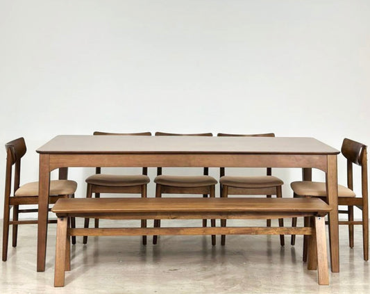 Hailey 1.97m Dining Table with 5 Mocha Chairs + 1.7m Wooden Bench