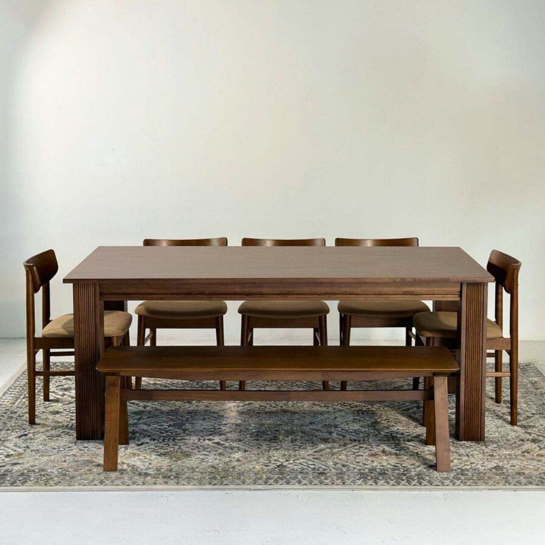 Kingsley 2.1m Dining Table with Mocha Chairs & Wooden Bench