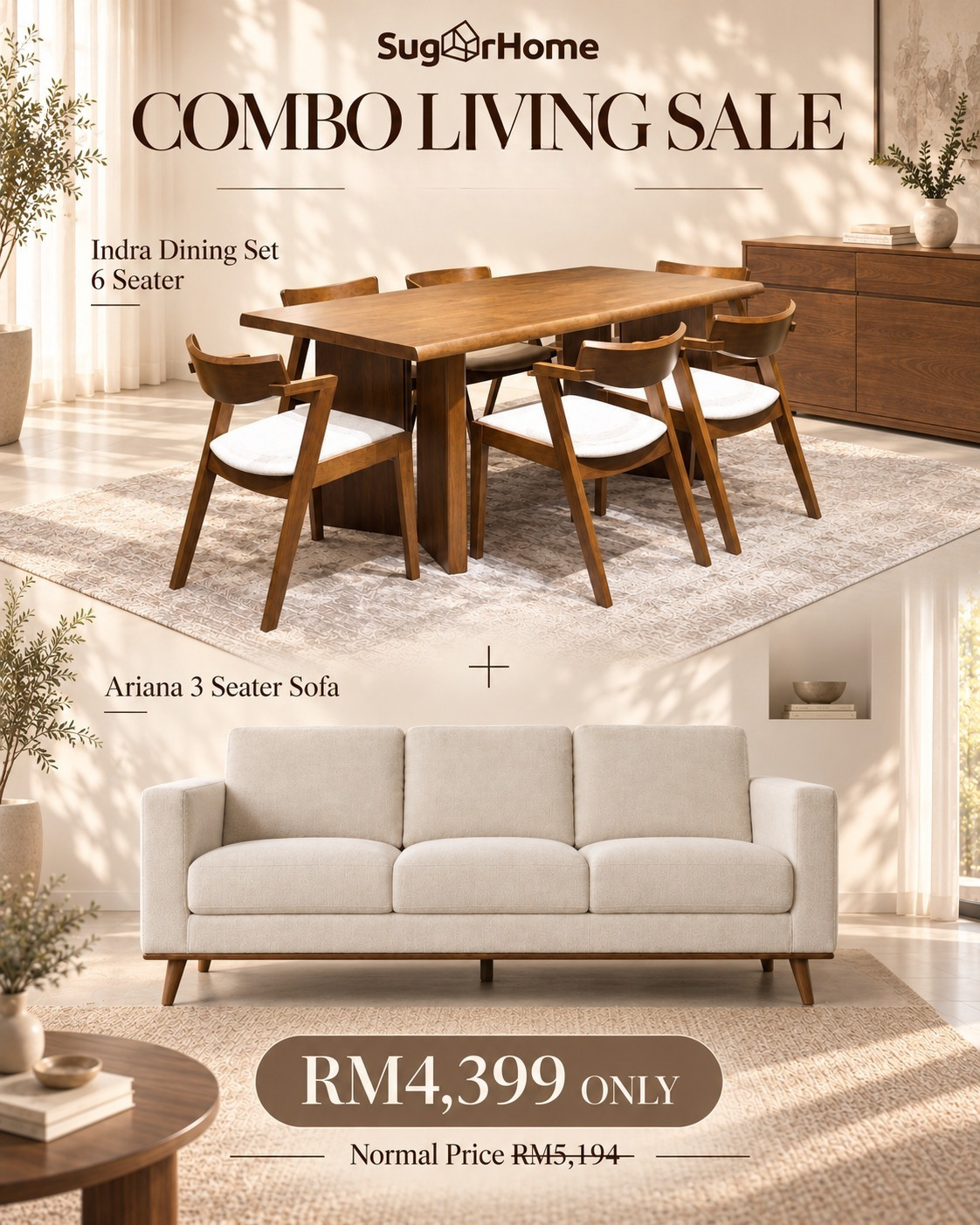 Combo Living Sale – Indra Dining Set & Ariana 3-Seater Sofa