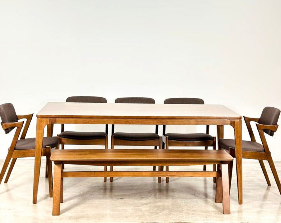 Walnut 1.8m Dining Table with 5 Zack Chairs + 1.5m Wooden Bench