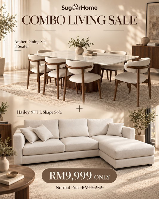 Combo Living Sale – Amber Marble Dining Set & Hailey 9FT L-Shape Sofa