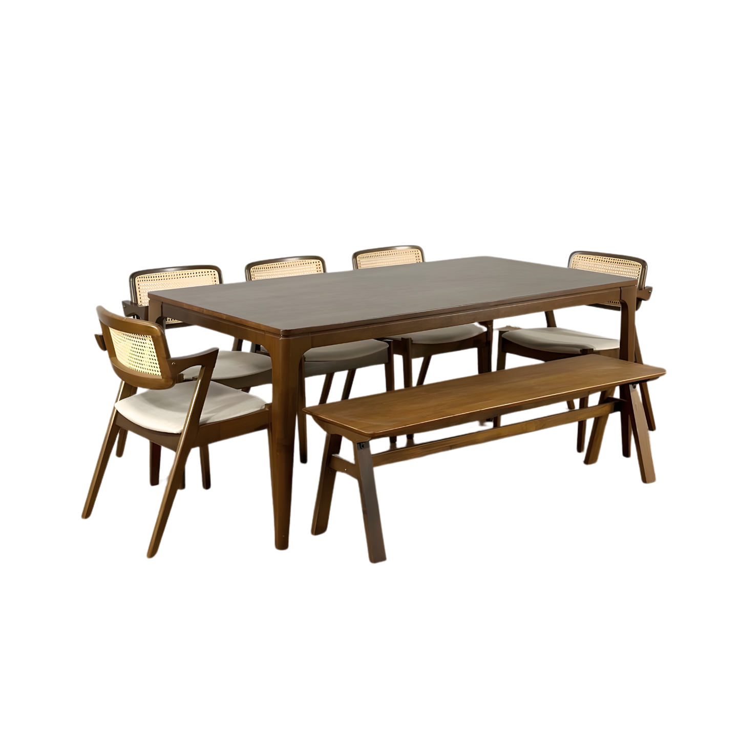 Arjuna 1.8m Dining Table with 5 Ryan Chairs + 1.5m Wooden Bench