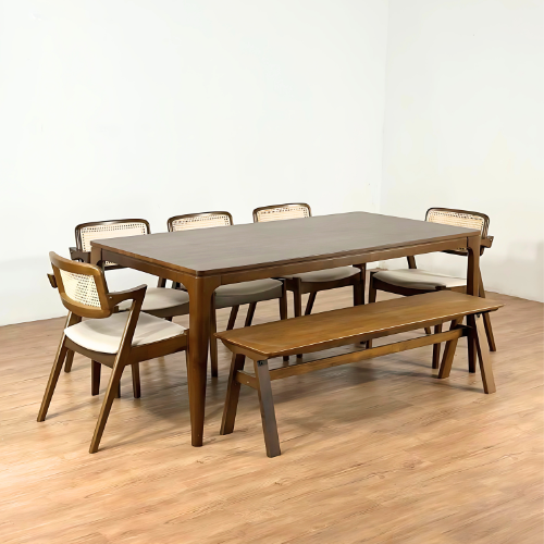Arjuna 1.8m Dining Table with 5 Ryan Chairs + 1.5m Wooden Bench