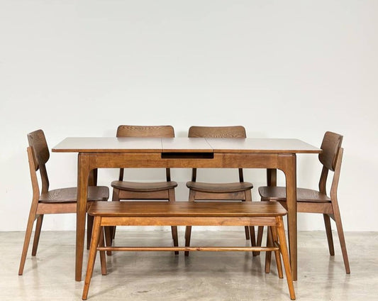 Pecan Extension 1.3m - 1.6m Dining Table with 4 Henry Chair + 1.1m Aiko Bench