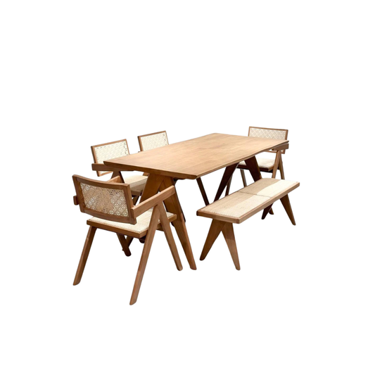 Eleanor 1.8m Dining Table with 4 Eleanor Chairs + 1.3m Eleanor Rattan Bench