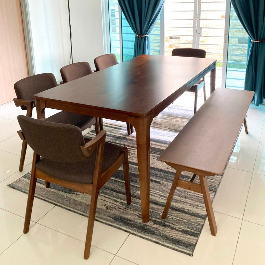 Walnut 1.8M Dining Table with Zack Chairs & Wooden Bench