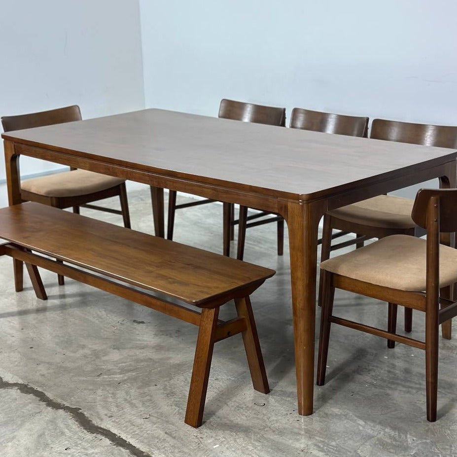 Walnut 1.8m Dining Table with Mocha Chair & Wooden Bench