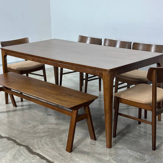 Walnut 1.8m Dining Table with 5 Mocha Chairs + 1.5m Wooden Bench