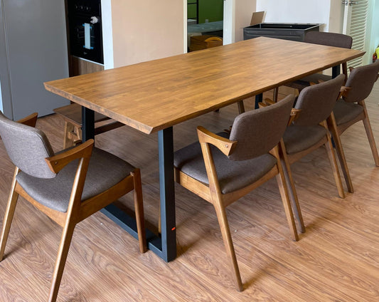 Serena 2.1m Live Edge Dining Table with 5 Zack Chairs in Medium Brown + 1.5m Wooden Bench