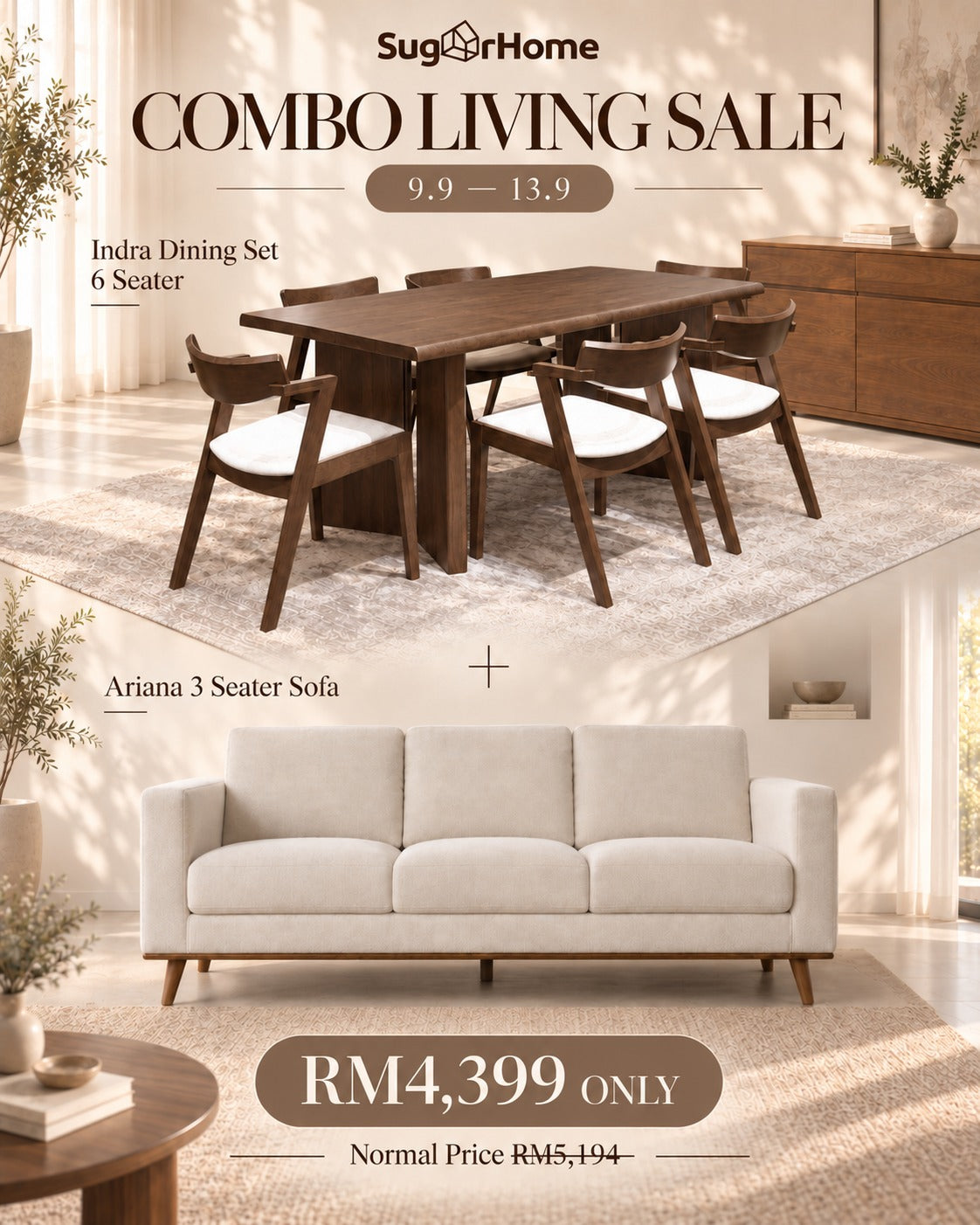 Combo Living Sale – Indra Dining Set & Ariana 3-Seater Sofa