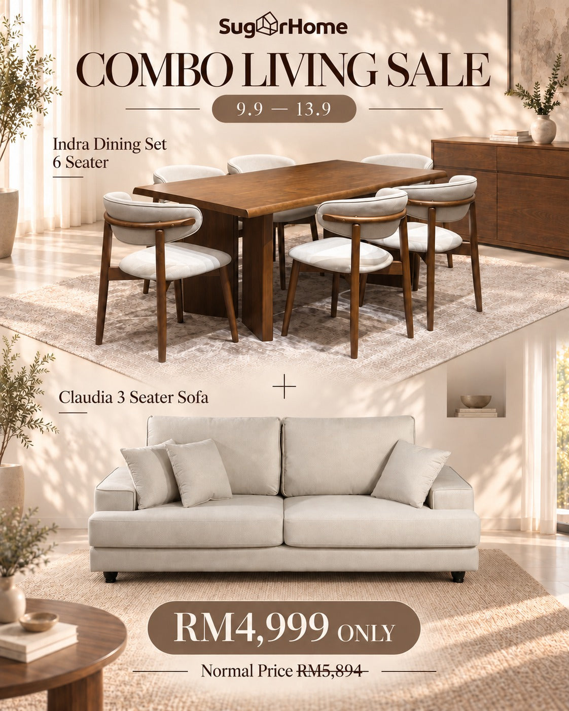 Combo Living Sale – Indra Dining Set & Claudia 3-Seater Sofa